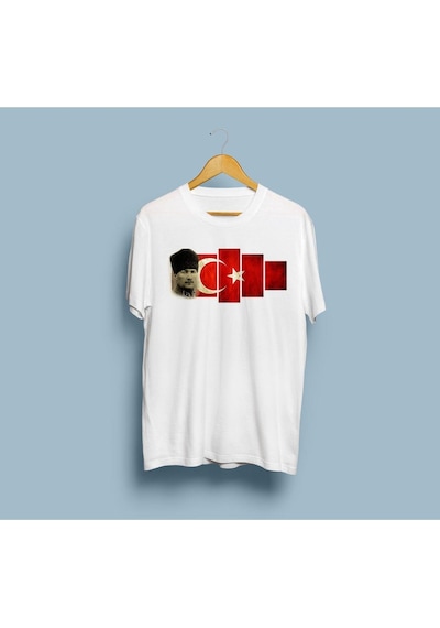 Oversize Mustafa Kemal Atatürk Ve Türk Bayrağı Tasarım Unisex T-shirt Beyaz