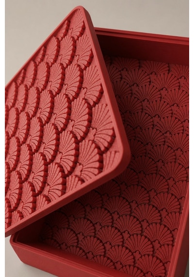 Desenli Kapaklı Dekoratif Kutu Masa Üstü Organizer Takı Aksesuar Saklama Kutusu Pla 20x12.5 Cm Kırmızı