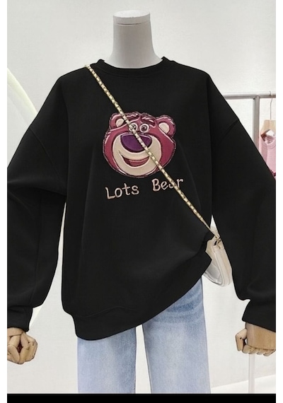 Benroma 3 İplik Penye Lost Bear Baskılı Unisex Sweatshırt SIYAH