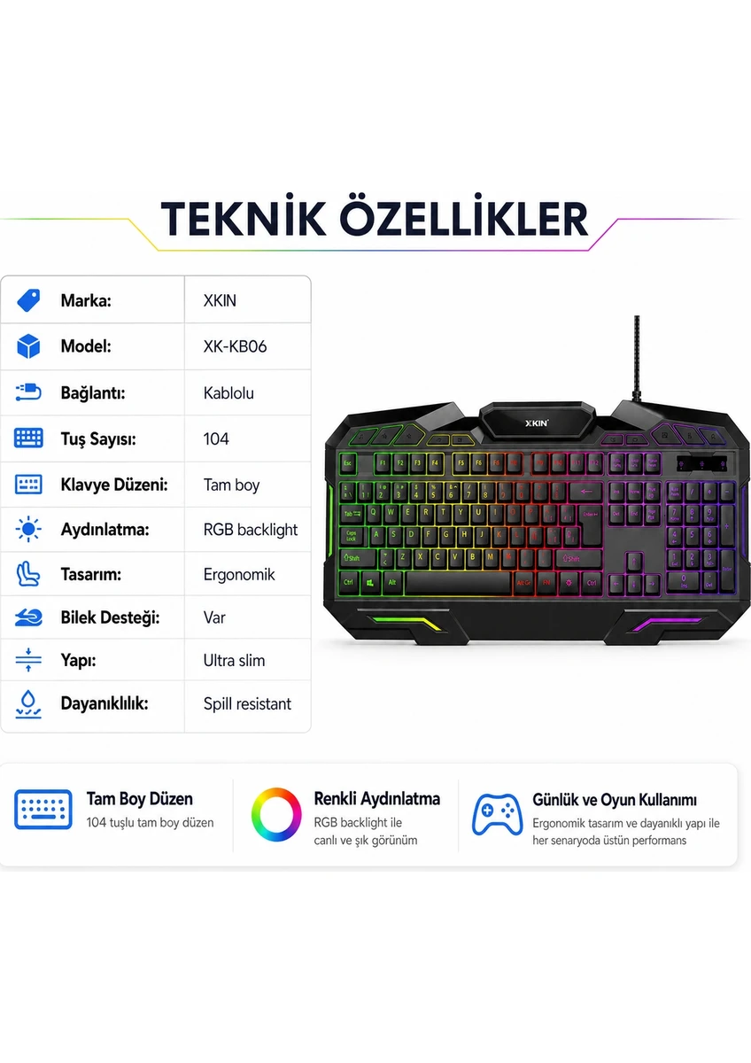 Xkin Xk-kb06 Kablolu Mekanik Rgb Oyuncu Klavyesi 104 Tuş Türkçe Q Siyah