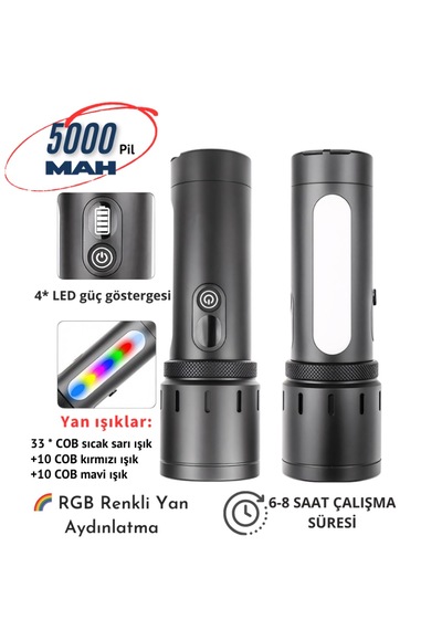 Gp-286 80watt 8000lm Çok Fonksiyonlu Şarjlı El Feneri - Güçlü Işık / Yüksek Kapasite Kırmızı-mavi Flaşör Gri