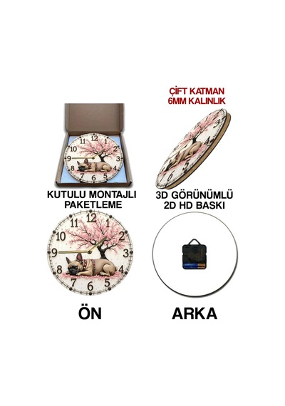 Sakura Ağacı Ve Fransız Bulldog Temalı Mdf Duvar Saati 33 Cm Sdw325 Renkli
