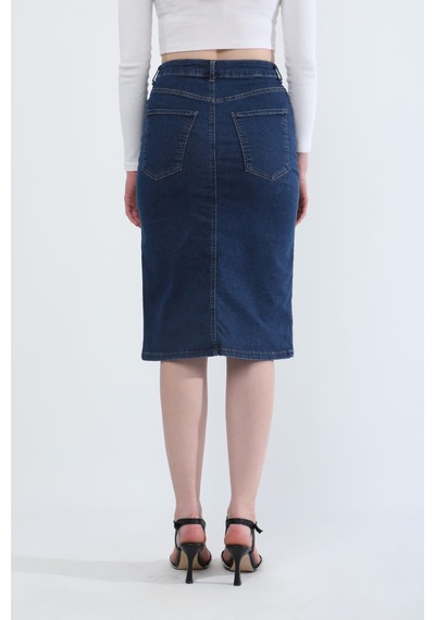 Banny Jeans Önden Yırtmaçlı Likralı Midi Jean Etek Koyu Mavi Xs