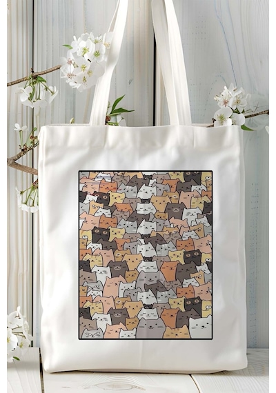 Art Hediye Retro Kedi Baskılı Bez Çanta Omuz Çantası Kişiye Özel Model 18 Çok Renkli