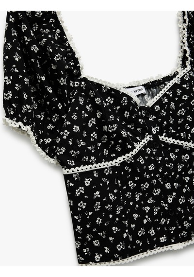 Koton Kalp Yaka Kısa Balon Kollu Çiçekli Crop Bluz Siyah Desenli 5sal60027ıw Siyah Desenli Koton Kalp Yaka Kısa Balon Kollu Çiçekli Crop Bluz Siyah Desenli 5sal60027ıw Siyah Desenli