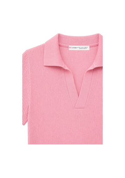 Mixray 2091 Kadın Polo Yaka Fitilli Kısa Kollu Triko Bluz Pembe
