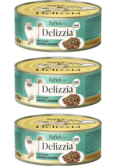 Delizzia Sos İçinde Parça Etli Somonlu Ve Tavuklu Yetişkin Kedi Maması 3 X 85 Gr.