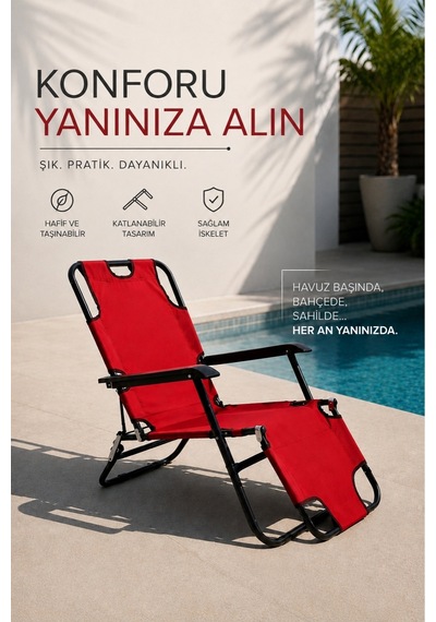 Sunset Katlanır Şezlong Plaj Şezlong Portatif Kamp Sandalyesi Ve Bahçe Şezlong Kırmızı
