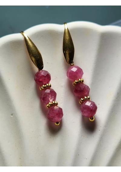 Yakut Taşı Çelik Tasarım Küpe Pembe