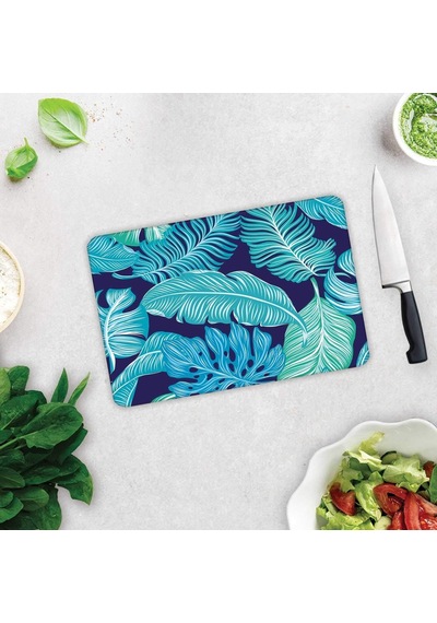 Decorita 10011501055 Mavi Tropik Yapraklar Cam Kesme Tahtası, 20cm X 30cm Diğer