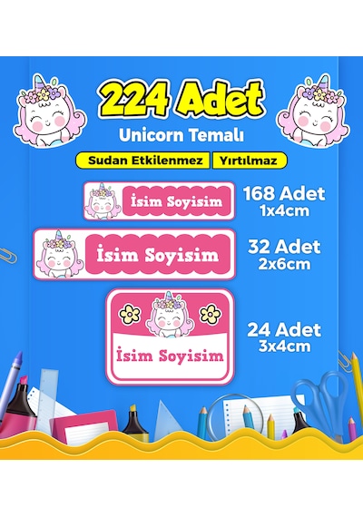 Unicorn Temalı Okul Kreş Kişiye Özel İsim Etiket Seti - Model 123 Çok Renkli