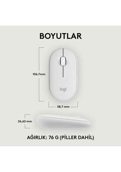 Logitech M350s Pebble 2 Bluetooth Kablosuz Sessiz Kompakt Mouse - Beyaz M350S