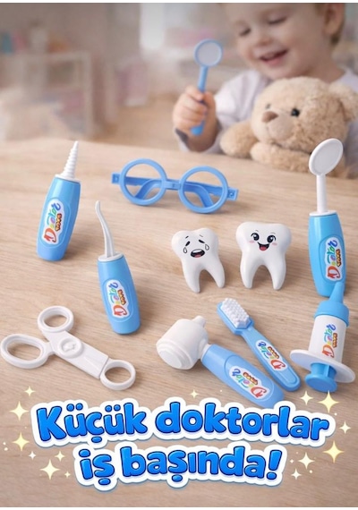 Dişçi Minikler - Mavi Çantalı 10 Parça Alet Ve Ekipmanlı 2 Tane Büyük Dişli Eğitici Oyuncak Seti 1