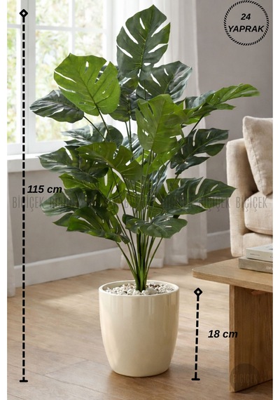 Biçiçek Yapay Monstera Deve Tabanı Yakut Saksıda Bej - Beyaz