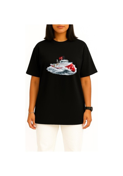 Bahriyeli Collection Oversize Rv Barbaros Hayreddin Paşa Dalgalar Arası Göğüs Ve Sırt Baskılı Unisex T-shirt Siyah
