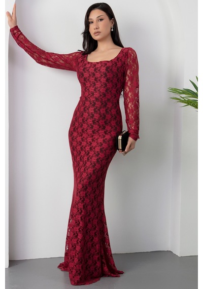 Kalopya Kare Yaka Dantel Balık Elbise Ap-3005 Bordo
