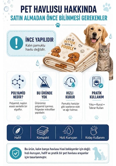 Kedi & Köpek Kurulama Havluları Poodle Joy Hızlı Kuruyan 50x100cm