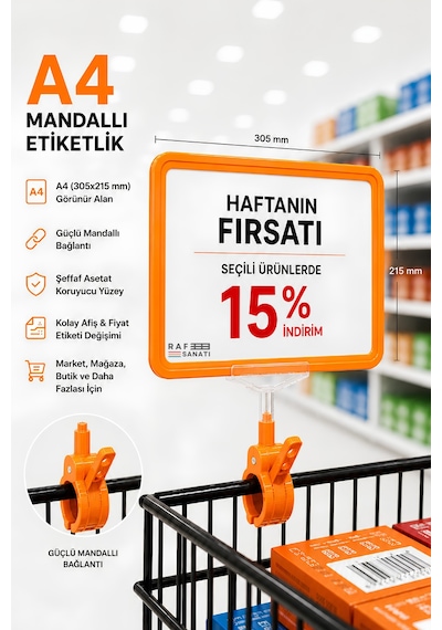 A4 Mandallı Fiyatlık Etiketlik Sepet Raf Askılık Fiyat Etiketi Çerçeveli Market Mağaza Turuncu