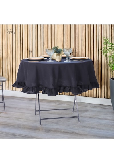Dnc Home Tekstil  Siyah Keten Yuvarlak Fırfırlı Masa Örtüsü Siyah