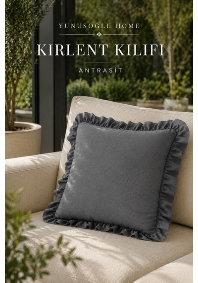 1 Adet Antrasit Fırfırlı Dekoratif Kırlent Kılıfı %100 Pamuk 45x45 Cm
