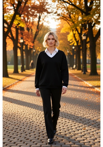 Benerly Kadın Polo Yaka Standart Kol Düz Desen Sweatshirt Fonksiyonel Day siyah