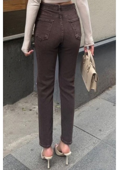 Balenbi Kadın Yüksek Bel Yıkamalı Mom Jean Likralı Kot Pantolon 1244 Kahverengi W129