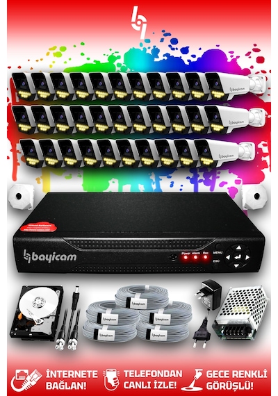 Bayicam 32 Kameralı Süper 32 Dış Kamera Set 2 TB 5 MP 2K Renkli Gece Görüşlü Güvenlik Kamerası Sistemi