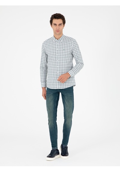 Cacharel Haki Slim Fit Pamuklu Kareli Gömlek Yeşil