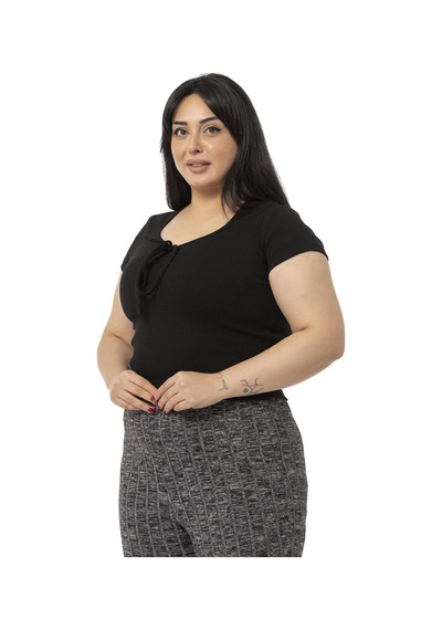 Disentis Büyük Beden Yarım Kollu Göğüste Bağcık Detaylı Kaşkorse Siyah Body-siyah Siyah
