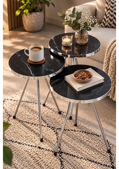Sulorahome Gümüş Metal Ayaklı Siyah Mermer Desenli 3'lü Zigon Sehpa Takımı