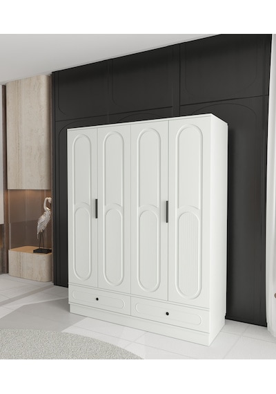 Derin 4 Kapaklı Çekmeceli Bazalı Gardırop - Tamamı Mdf Beyaz