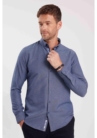 Tudors Erkek Slim Fit Dar Kesim Uzun Kollu Pamuklu Oxford Doku Lacivert Düğmeli Yaka Gömlek-15029 Lacivert