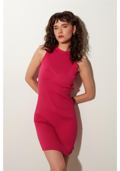 Sherin Pembe Bisiklet Yaka Fitilli Triko Elbise-pembe