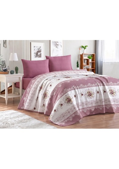 Organic Cotton Battal Pike Takımı Çift Kişilik Lastikli Çarşaflı Set Ottoman Gül Kurusu