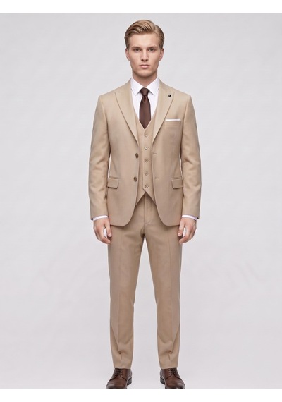 Tk6896 Erkek 3 Parça Slim Fit Çift Yırtmaçlı Takım Elbise Yelekli Şık Klasik Takım 6 Drop Camel