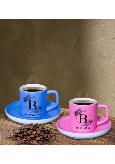 Bk Gift Kişiye Özel Baş Harf İsimli Pembe Ve Mavi Renk İkili Türk Kahvesi Fincan Seti-1, Ev Hediyesi, Arkadaşa Hediye, Doğum Günü Hediyesi