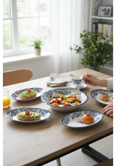 Akayev Porselen Vintage Blue 5 Parça Salata Kayık Servis Takımı Servis Takımı Blue