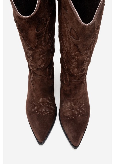 Luvishoes Matıas Kahverengi Süet Hakiki Deri Kadın Nakışlı Western Çizme Kahverengi