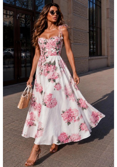 Asprinfashion Pembe Ortanca Çiçek Desenli Askılı Midi Elbise
