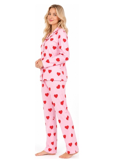 Sleeeproom Kadın Süet Düğmeli Mevsimlik Kalp Desen Pudra Pijama Takımı Kırmızı - Pembe