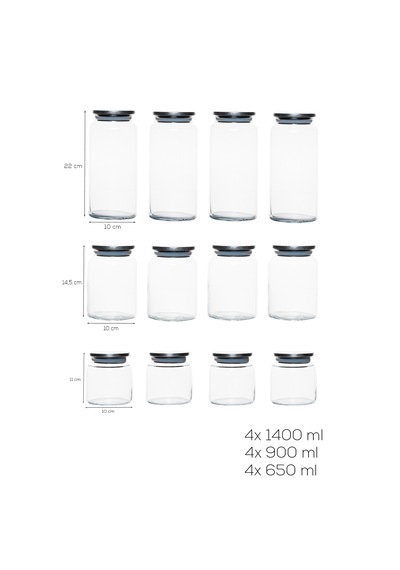 Porsima Bormio Metal Kapaklı 12 Cam Kavanoz Seti Vakum Kapaklı Saklama Düzenleme Kabı Seti 650-900-1400ml Şeffaf