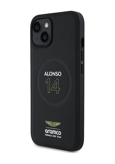 Apple Uyumlu iPhone 15 Kılıf Aston Martin Lisanslı M-safe Şarj Özellikli Pu Deri Alonso 14 Baskılı Kapak Siyah
