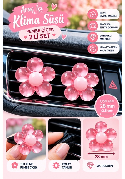 Pembe Çiçek 2 Li Set Araç İçi Klima Süsü Pembe Göbekli Dekoratif Havalandırma Süsü