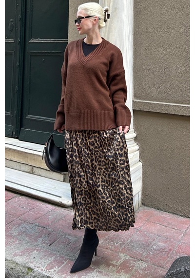 Madmext Kahverengi V Yaka Oversize Kadın Triko Kazak Mg2149 Kahverengi