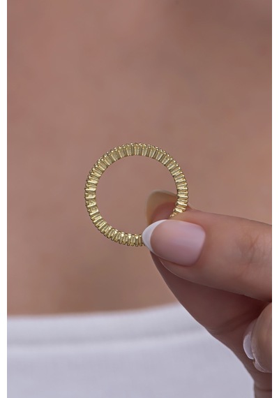 Nereze 925 Ayar Gümüş Zirkon Taşlı Gold Tek Sıra Tamtur Kadın Gümüş Yüzük