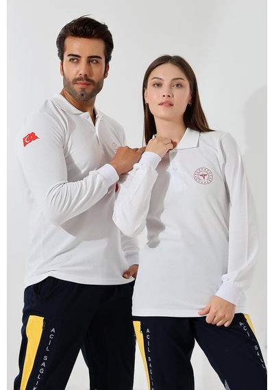 112 Acil Sağlık Yakalı Tshirt Uzun Kol Baskılı - Beyaz-12765 Beyaz
