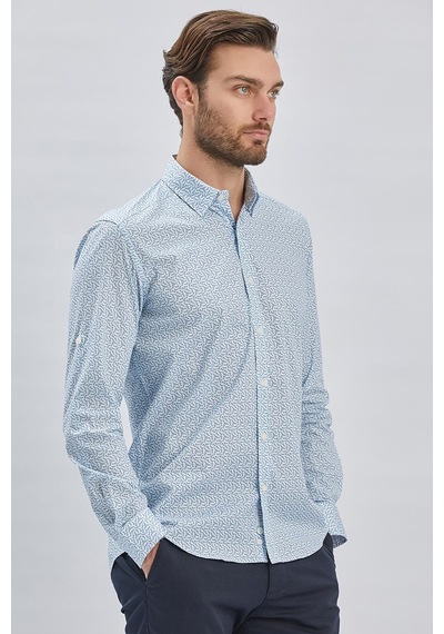 İmza Mavi Kısalabilir Kol Baskılı Düğmeli Yaka Cepsiz %97 Pamuk %3 Elastane Klasik Slim Fit Gömlek 1004240116-mavi Mavi