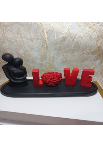 Love Yazılı Kalp Figürlü Sarılan Sevgili Biblo Set Siyah-kırmızı Siyah