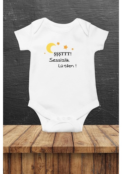 Hediyenza ŞŞŞŞTTT Sessizlik Lütfen Özel Tasarım Bebek Zıbın Pamuklu Çıtçıtlı Body Beyaz