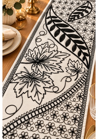 Nakışlı Geometrik Desenli Dekoratif Runner Masa Örtüsü 45x120 Cm Siyah